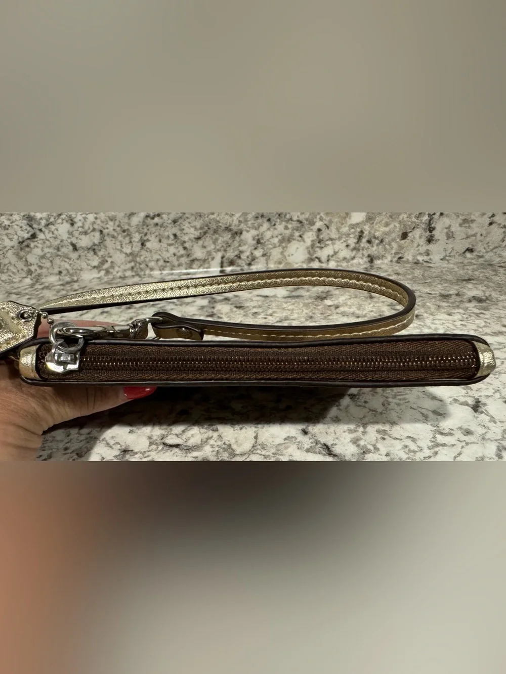 Coach Peyton Signature Small Wristlet Brown Gold Monogram
